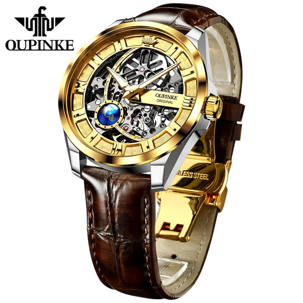 OUPINKE Transparent Hollowed Men's Watches Fashion 3D Globe Seconds Hands Design Luxury Automatic Mechanical Watch for Men 3268