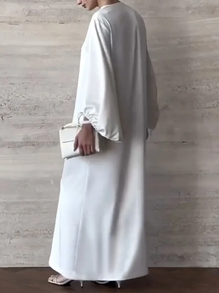 Women's Luxury Maxi Dress Satin V-Neck Drawstring Puff Sleeve Evening Gown 2026 Spring Fashion Loose Fit Vacation Party Dresses