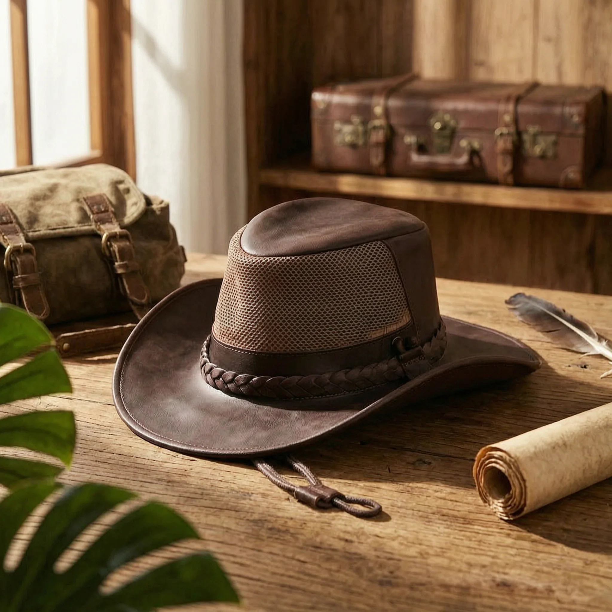 Leather Cowboy Hat Vintage-Style Western Hat with Chin Strap Leather Chin Strap Crazy-Horse Brown for Cowboys, Rodeo
