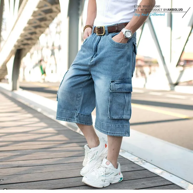 Mcikkny Vintage Men\'s Cargo Summer Denim Shorts Multi Pockets Blue Straight Short Jeans For Male Plus Size 30-46