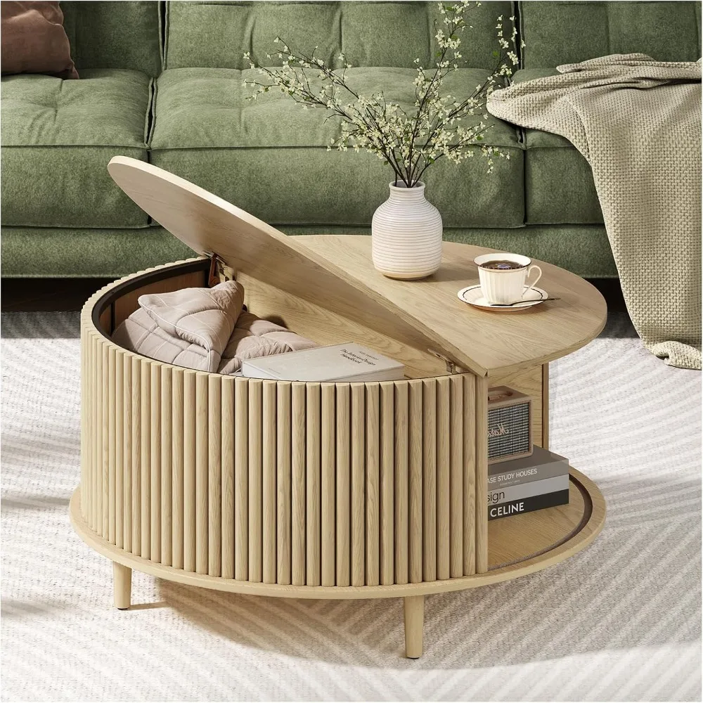 

Round Coffee Table with Storage, Mid Century Modern Center Table with Sliding Cabinet Door, Fluted Dining Table for Living Room,