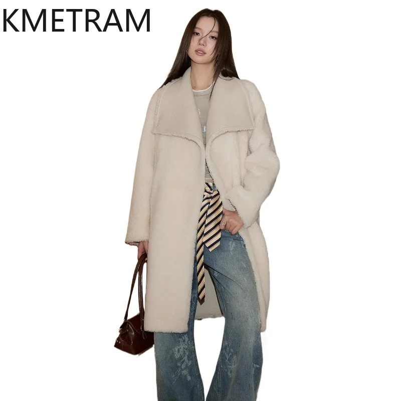 

KMETRAM Natural Merino Sheepskin with Wool Attached Coat Lapel Long Real Fur Jacket Winter Coats Woman Clothing шуба женская