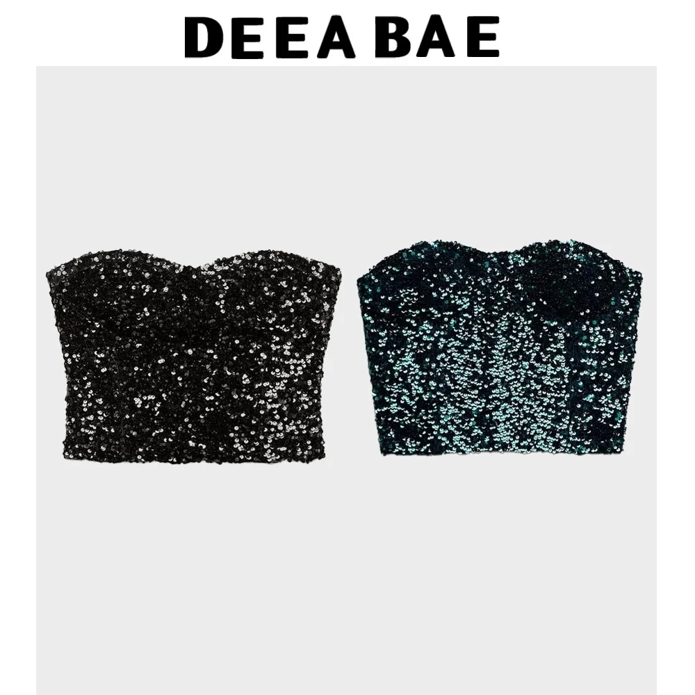 DEEABAE Women's Corset Western-style Backless Sequined One-line Chest-wrapped Short Top Temperament Tube Top Vest