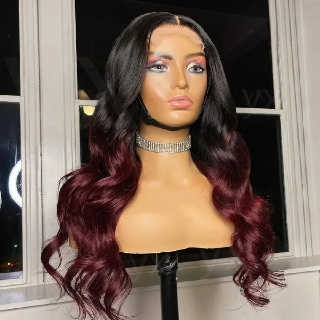 26 inch Body Wave Ombre 99j Jewish Human Hair Wig Baby Hair 5x5 Silk Base HD Lace European Hair Preplucked Glueless Daily