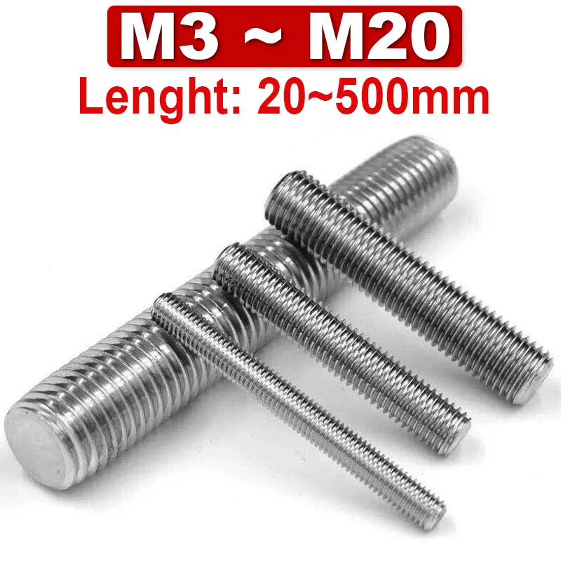 304 Stainless Steel Full Thread Bar Screw Threaded Tooth Strip,threaded Rod M3 M4 M5 M6 M8 M10 M12 M14 M16m18m20 Length 20~500mm