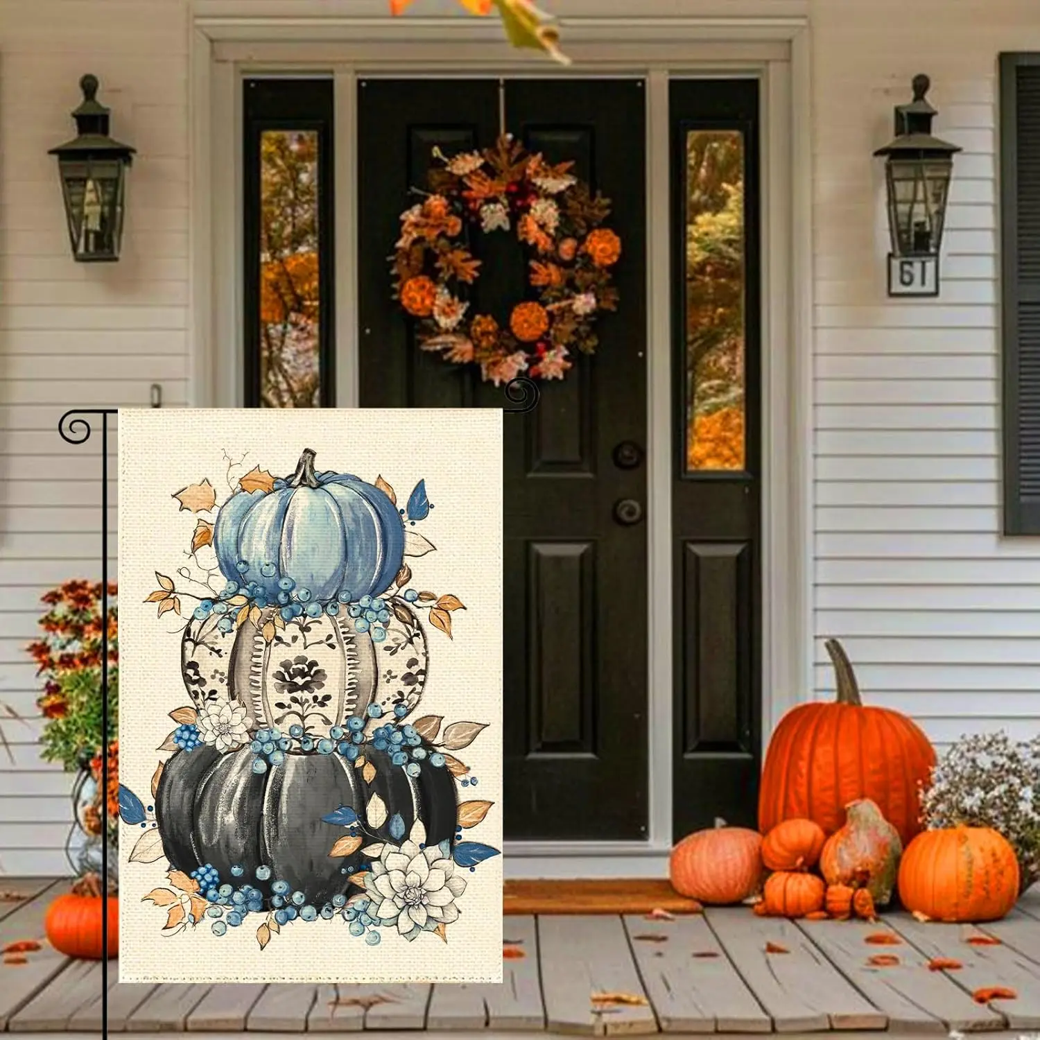 Thanksgiving Fall Harvest Blue Pumpkin Garden Flag 12 x 18 Inch, Autumn Grateful Berry Burlap Double Sided Welcome Small Fla SSL