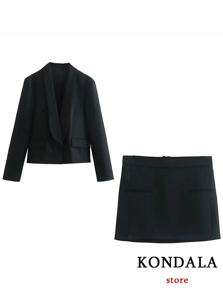 KONDALA Office Lady Black Suit Long Sleve V Neck Solid Short Blazer Z+Straight Mini Skirt Fashion 2023 Vintage Women Sets