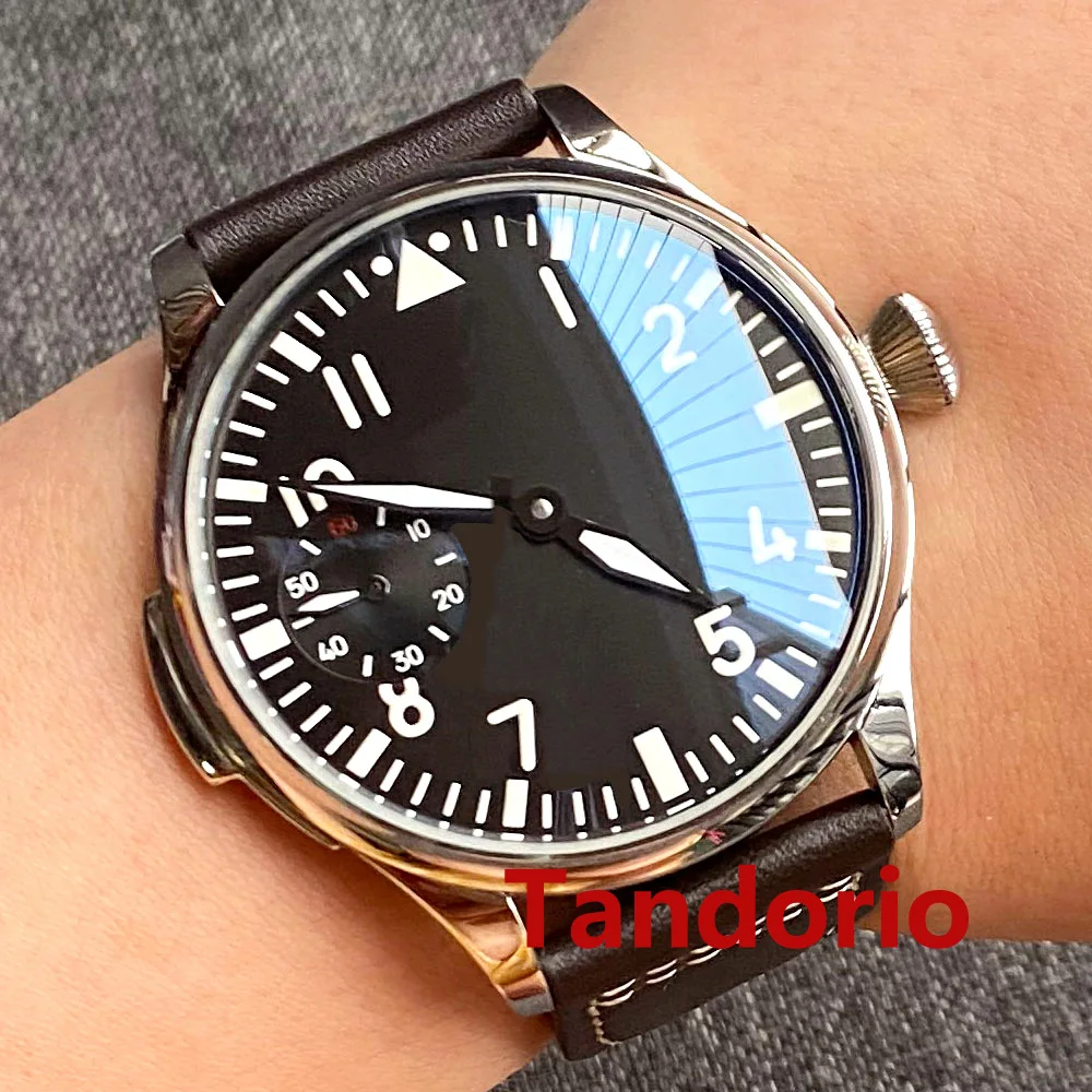 Imagem -02 - Parnis 44 mm 6497 Mão Mecânica Enrolamento Relógio de Pulso Masculino Cinza Preto Azul Luminoso Dial Polido Moldura Pulseira de Couro