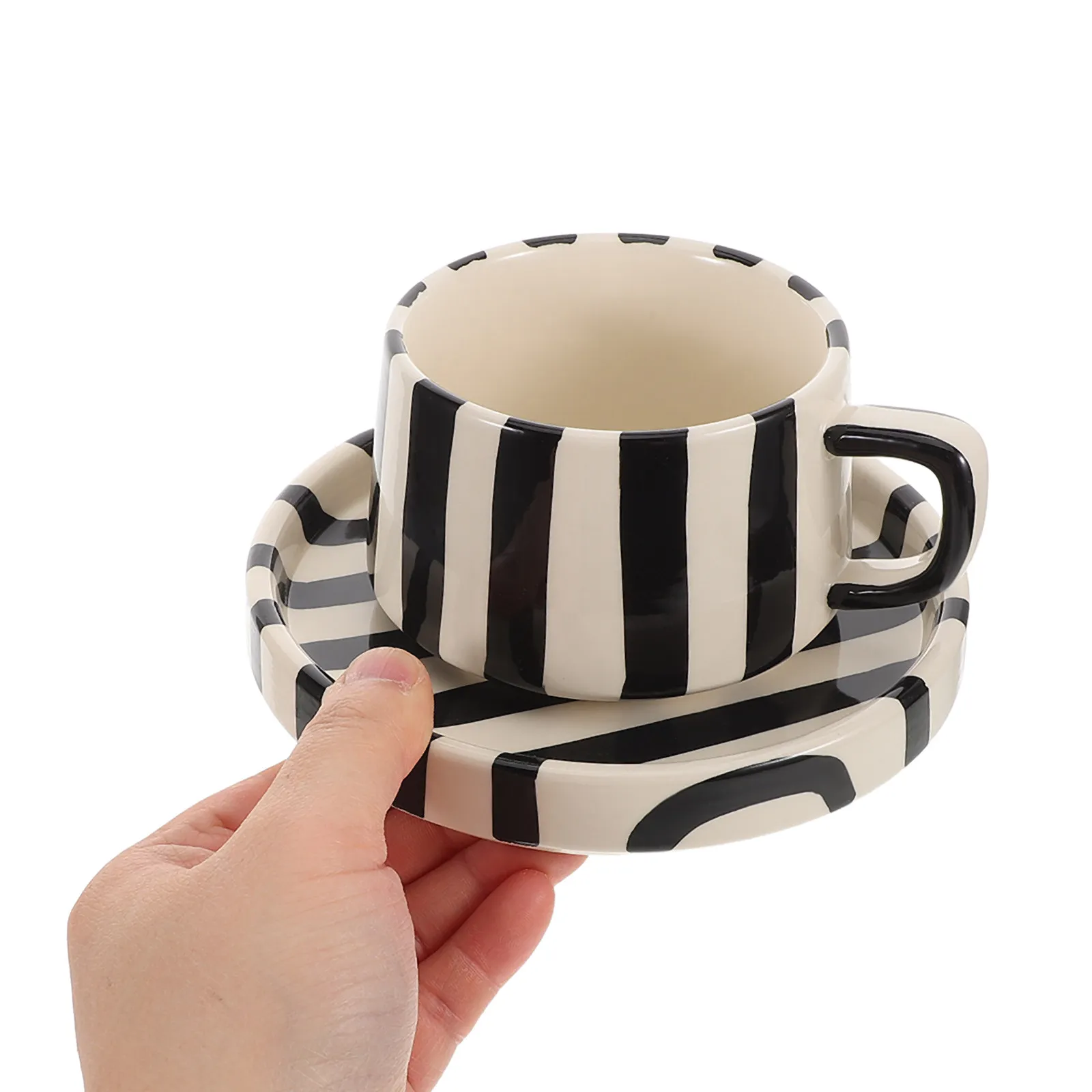 

1Set Creative Ceramic Coffee Cup Set Striped Latte Mug with Plate for Tea Cappuccino Juice Office Afternoon Breaks Cute Drinking