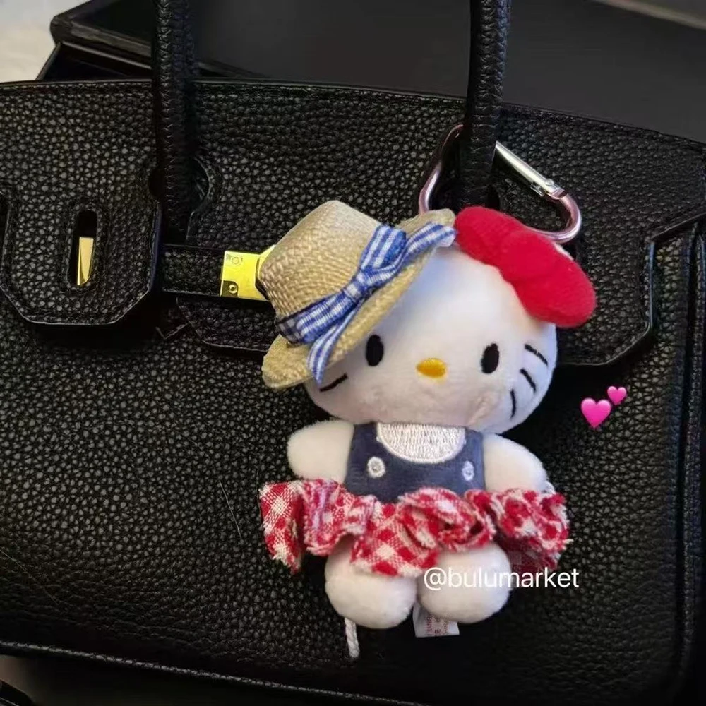 Hello Kitty Sanrio 10Cm llavero de felpa sombrero de paja muñeca Kawaii colgante Anime dibujos animados Plushie juguete regalos de navidad para niños