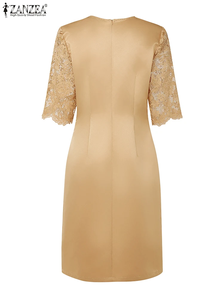 ZANZEA Abiti eleganti da donna Moda Patchwork di pizzo Raso al ginocchio Abiti Femme O-Collo Mezza manica Abiti in vita aderenti