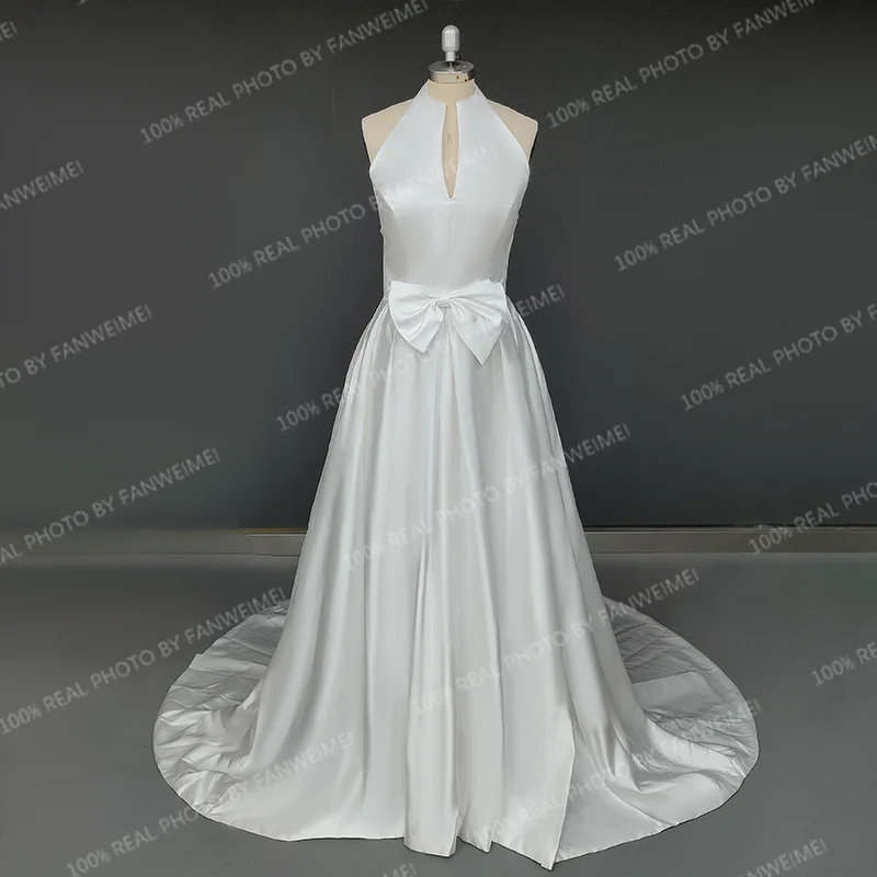 13066#Backless Elegant A-Line Wedding Dresses Stand Collar Sleeveless Pleated Boho Soft Satin With Bow  Wedding Bridal Gown