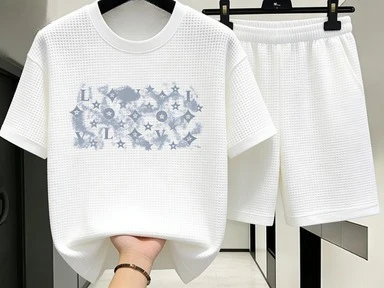 

Men Luxury Monogram Print 2 Piece Outfit Waffle Knit Tshirt + Shorts Set Casual Summer Streetwear Tracksuit Black Designer Style
