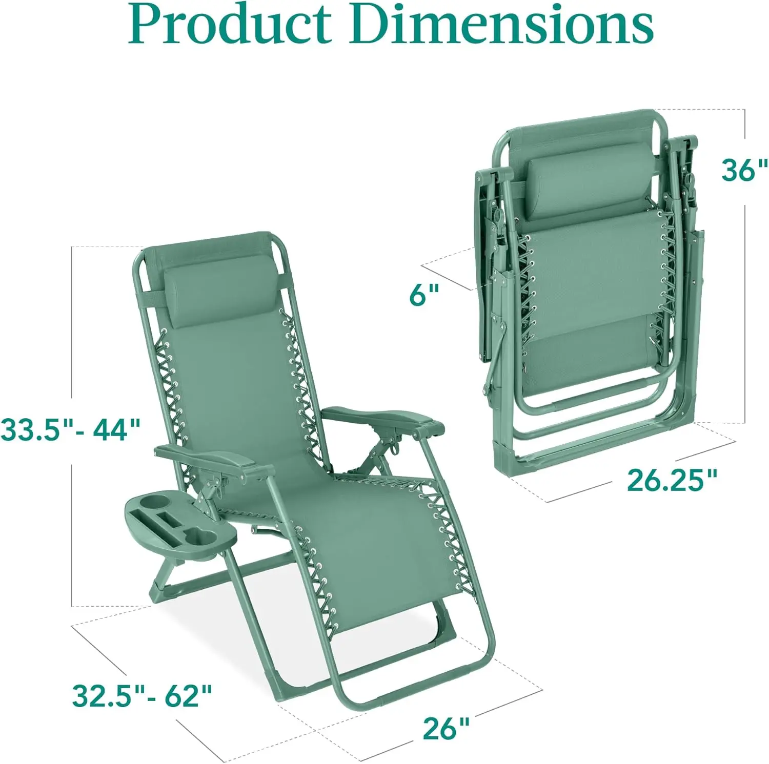 Adjustable Premium Color Zero Gravity Chair, Monochromatic Folding Patio Recliner w/Side Tray, Headrest - Seafoam image 3