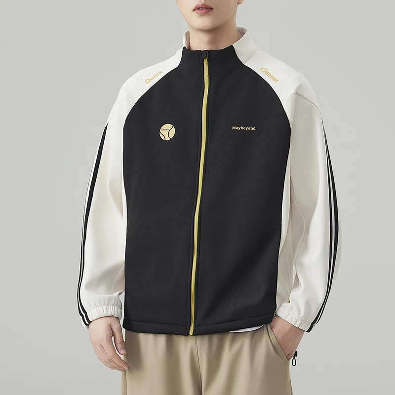 Men's Colorblock Zip-Up Hooded Jacket – Loose Fit Streetwear Sports Coat for Autumn Casual & Urban Wear
