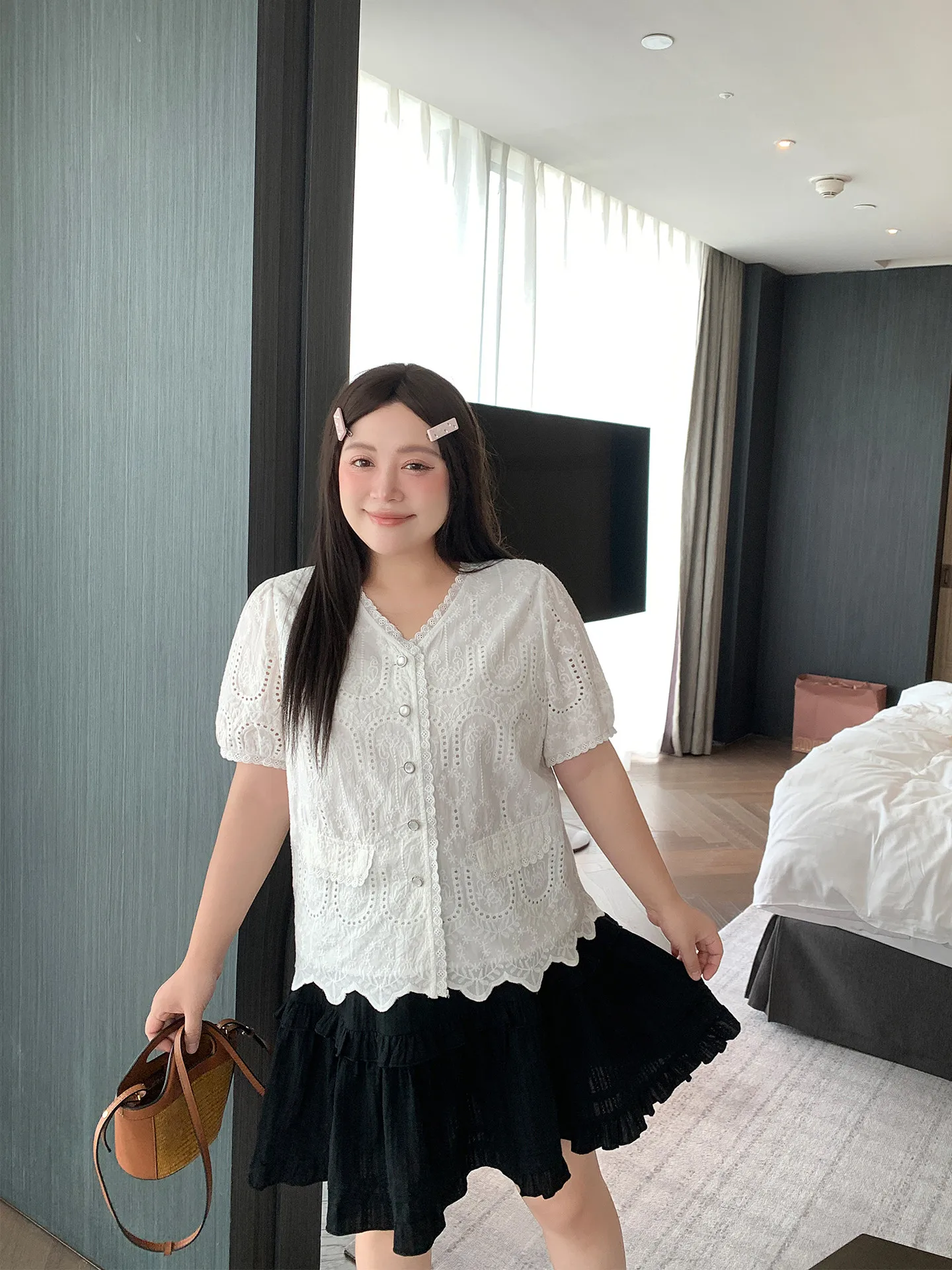 

Faionable Lace Open Cardigan ort Sve V-Ne Summer New Arrival Women's plus Size Clothing Meat Miss Large Size Top