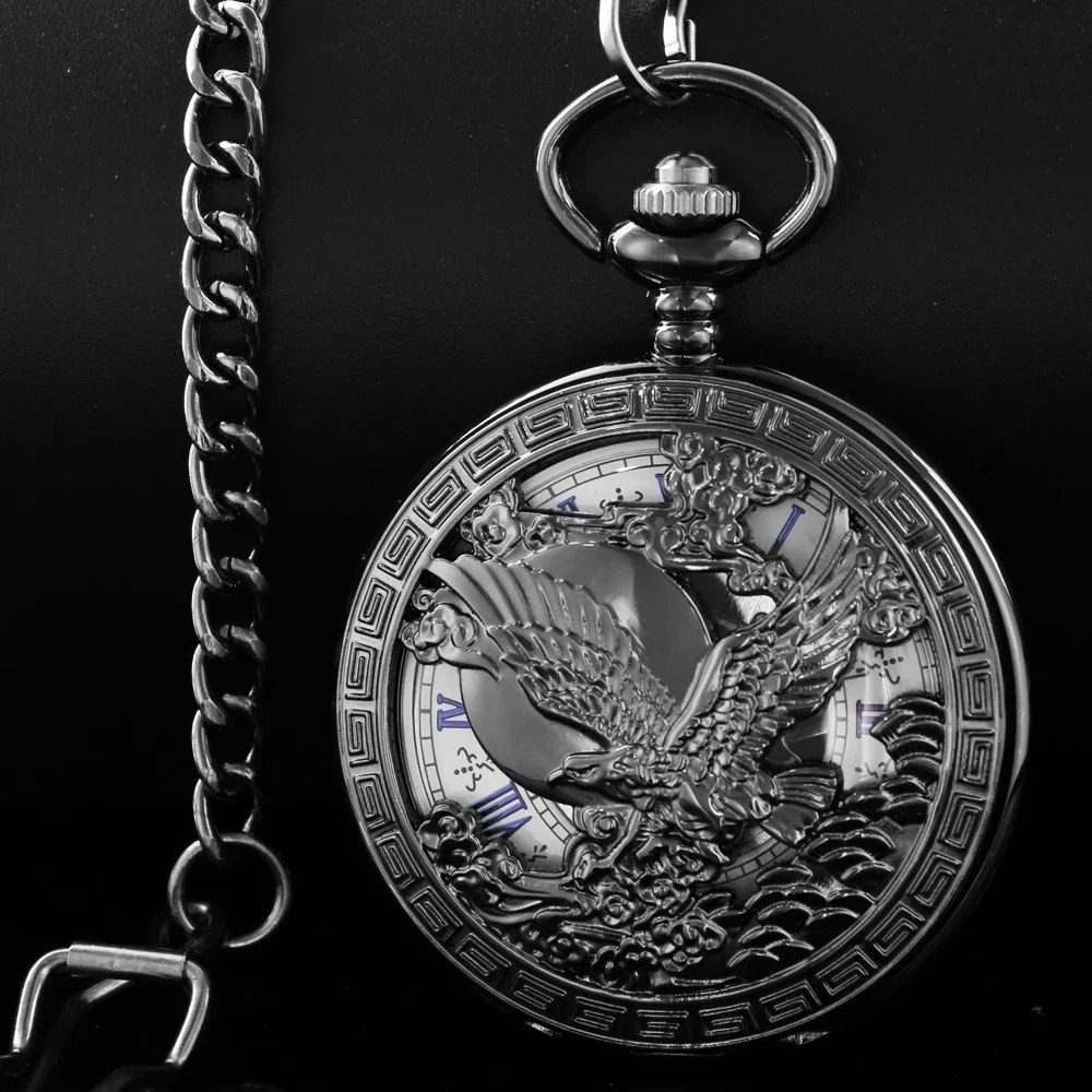 

Hollow Black Flying Eagle Mechanical Hand Winding Pocket Clock for Male Antique Stylish Timepiece Watch Gift