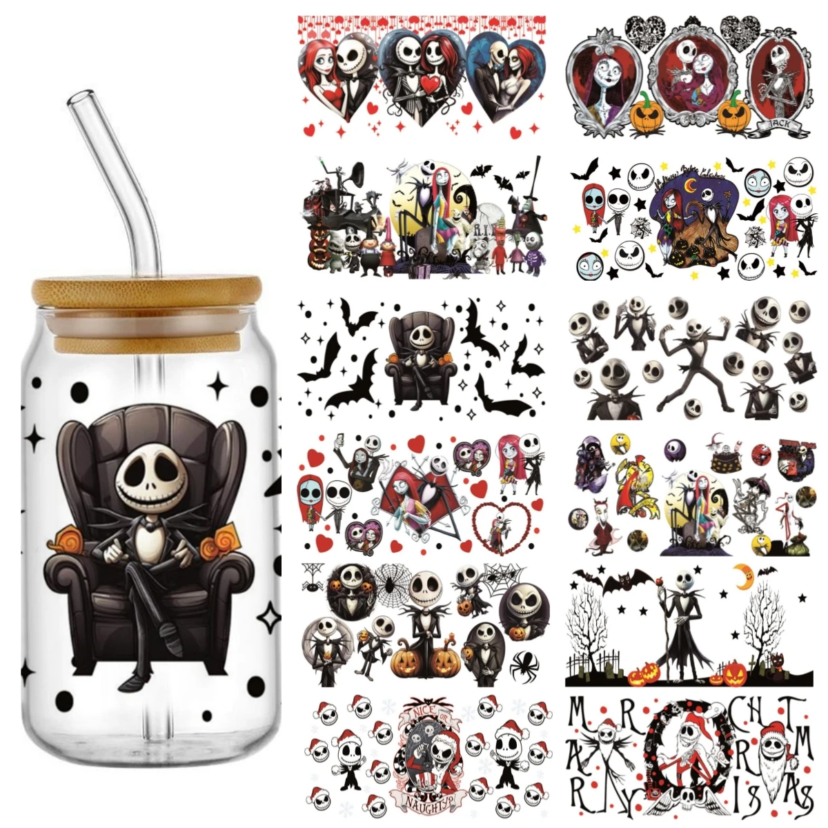 

Miniso Jack Sally Libbey Stickers 16oz UV DTF Cup Wrap Beer Glass Can DIY Sticker Selfadhesive Washable Nightmare