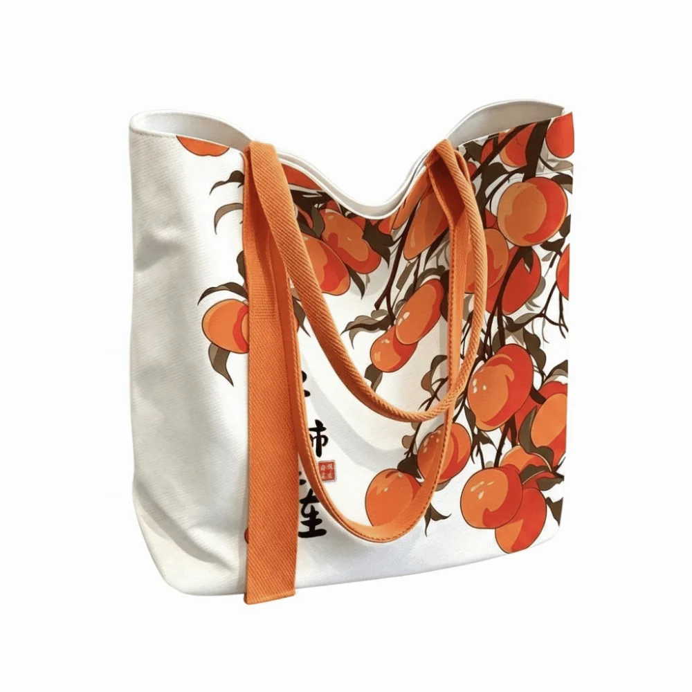 Durable Persimmon Pattern Canvas Bag Fresh Style Large Capacity Shoulder Bag Lightweight Reusable Tote Bag Women's Accessories