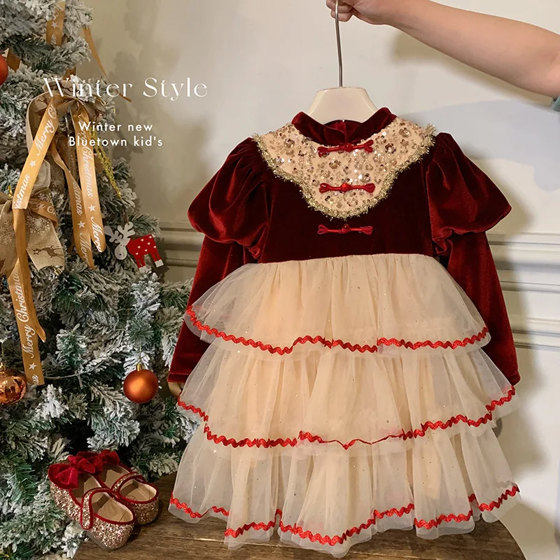 2024Girls New Year Christmas Red Puffy Lolita Princess Dress Dress