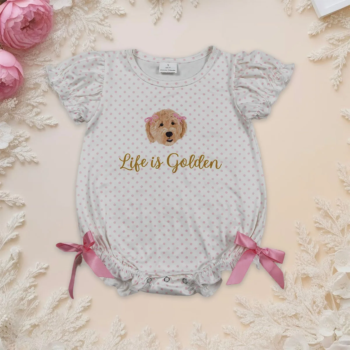 

Новые детские комбинезоны для новорожденных девочек с рюшами, розовые в горошек, с принтом Dogs Life is Golden, оптом