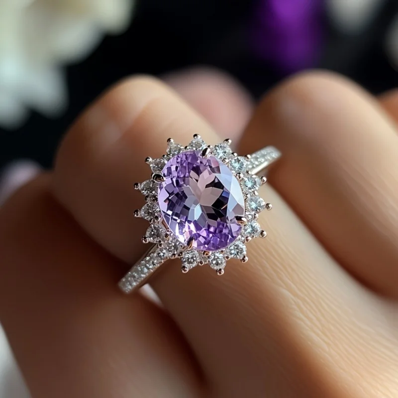 

SGARIT Emerald Cut Natural Pale Purple Crystal Ring for Women 925 Sterling Silver Ring for Engagement Christmas Gift