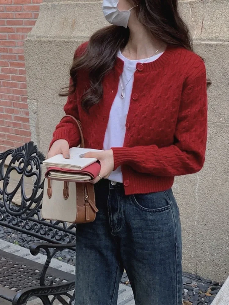 Korean All Match Sweater Cardigan 2024 Ropa Mujer Fall Winter Clothing Vintage Fashion Casual Knitted Ribbed Cropped Y2k Tops