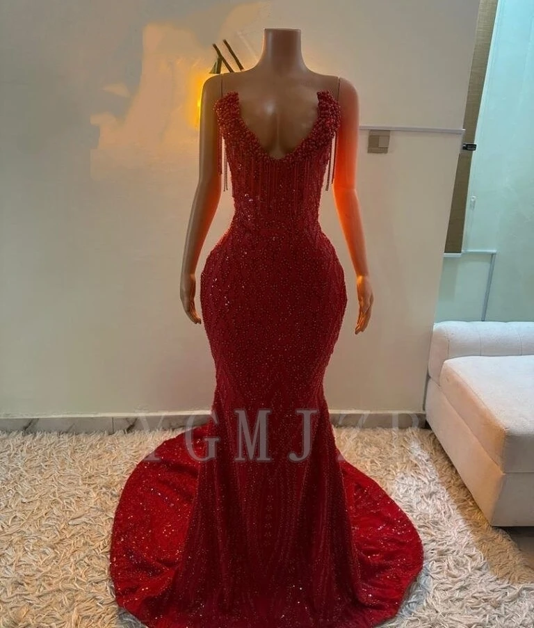 

Новые красные платья для выпускного вечера, роскошные черные платья для девочек 2026, Русалка, расшитая бисером и кристаллами, без рукавов, Aso Ebi, вечерние платья для дня рождения по индивидуальному заказу