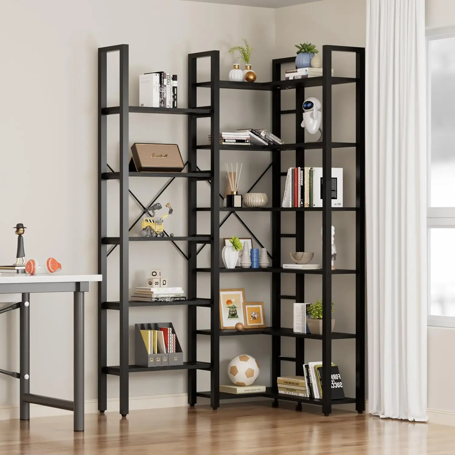 

Широкий 6-ярусный книжный стеллаж, промышленный стиль, для дома и офиса, металлический и деревянный, черный, на заказ