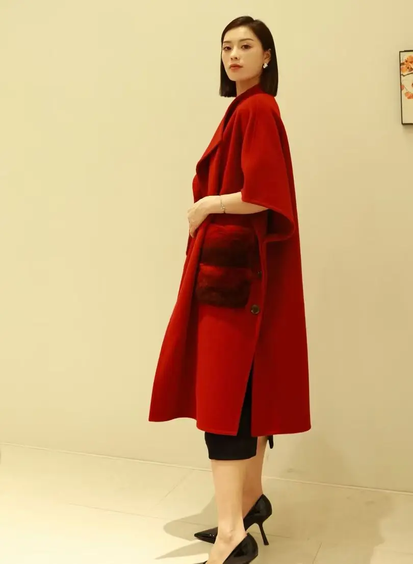 Nueva chaqueta de capa de cachemira glutinosa suave de otoño e invierno con líneas cosidas a mano que reducen una silueta ordenada, ropa de mujer