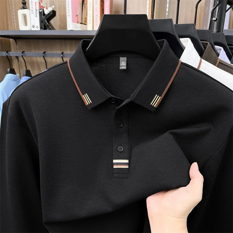 Hochwertiges Herren-Poloshirt aus weicher Baumwolle, Herbst-Neuheit, einfarbig, langärmelig, mit Kragen, modische Business-Herrenbekleidung – Detail 13