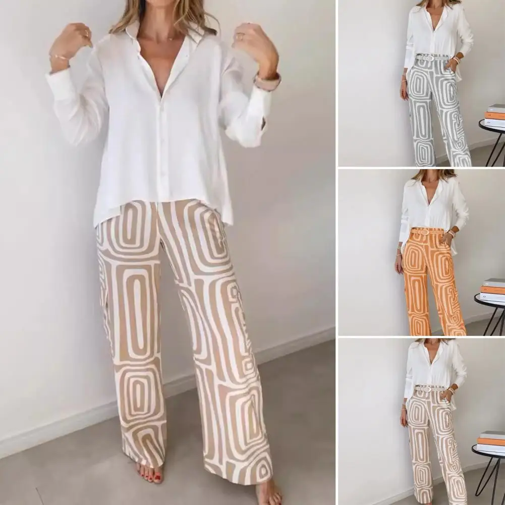 Digital Print Shirt Trousers Set Stylish Women's Shirt Pants Set with Long Sleeves Lapel Collar High Waist Casual Commute