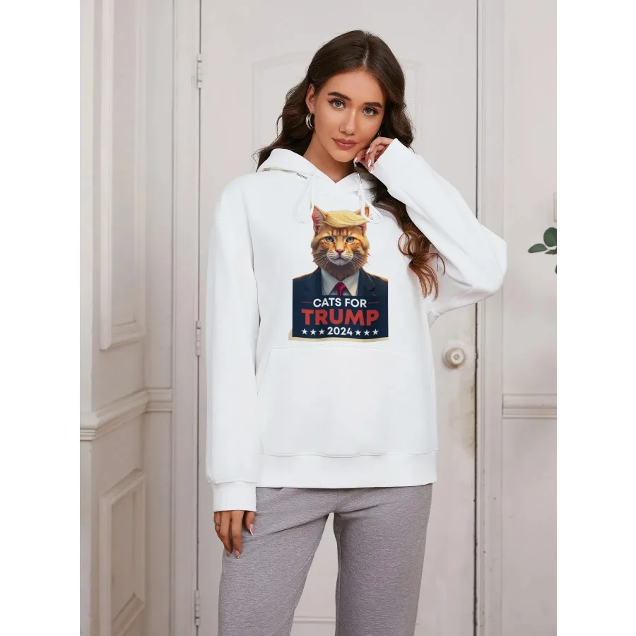 Basic Hooded Sweatshirt Casual Autumn Winter Padded Long Sleeve Cat Printed Top Oversize