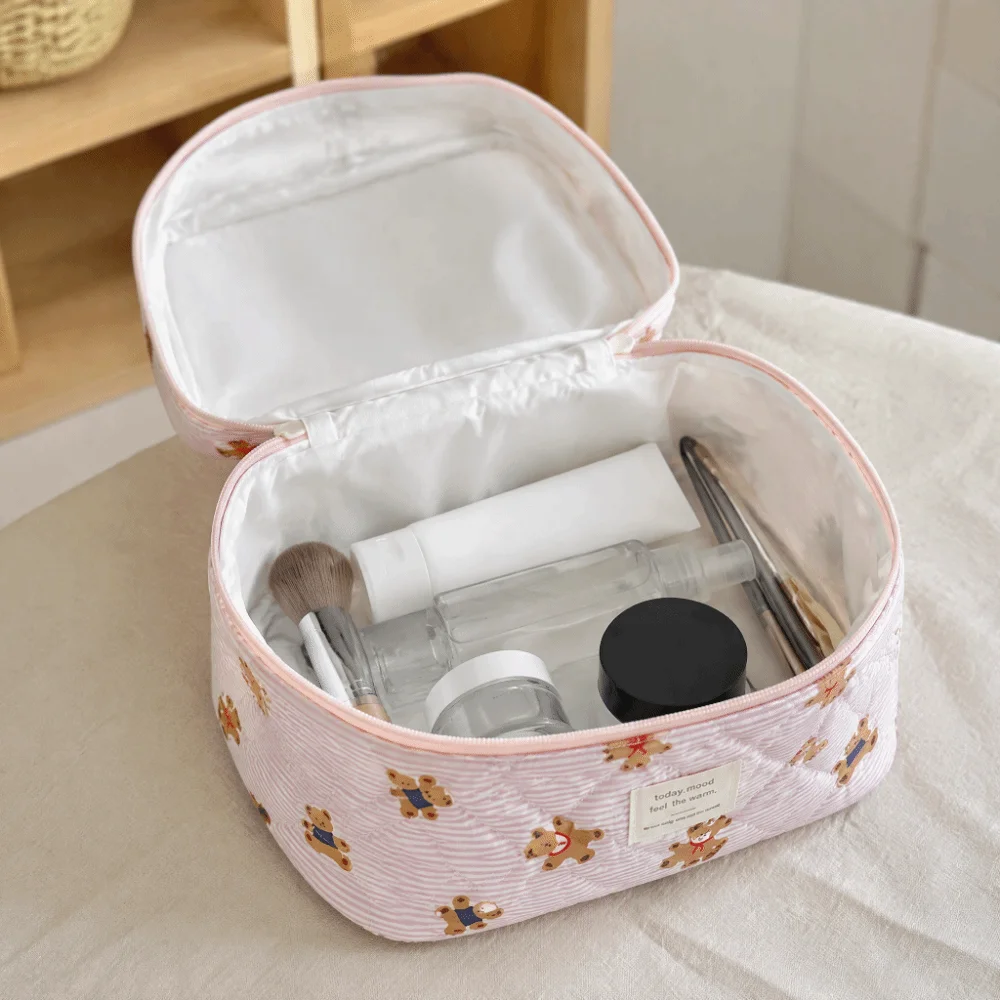3PCS Multi-Layer Quilted Cotton Makeup Bag Soft Portable Toiletry Pouch Large Capacity Zipper Cartoon Cosmetic Organizer Travel