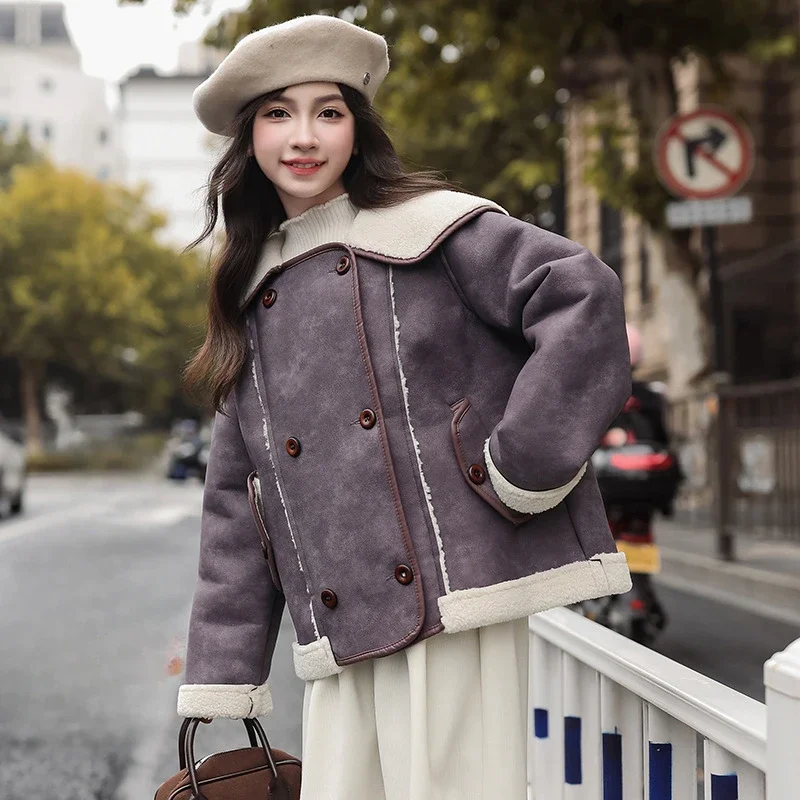 Girls Suede Leather Jacket Winter Clothing Children's Fur Integrated Thickened Top Girls Foreign Style Winter Velvet Jacket