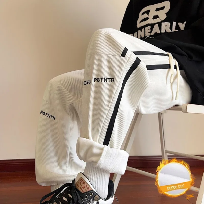 

Мужские вельветовые брюки оверсайз, утепленные зимние повседневные брюки, модные брендовые брюки с манжетами для старшеклассников