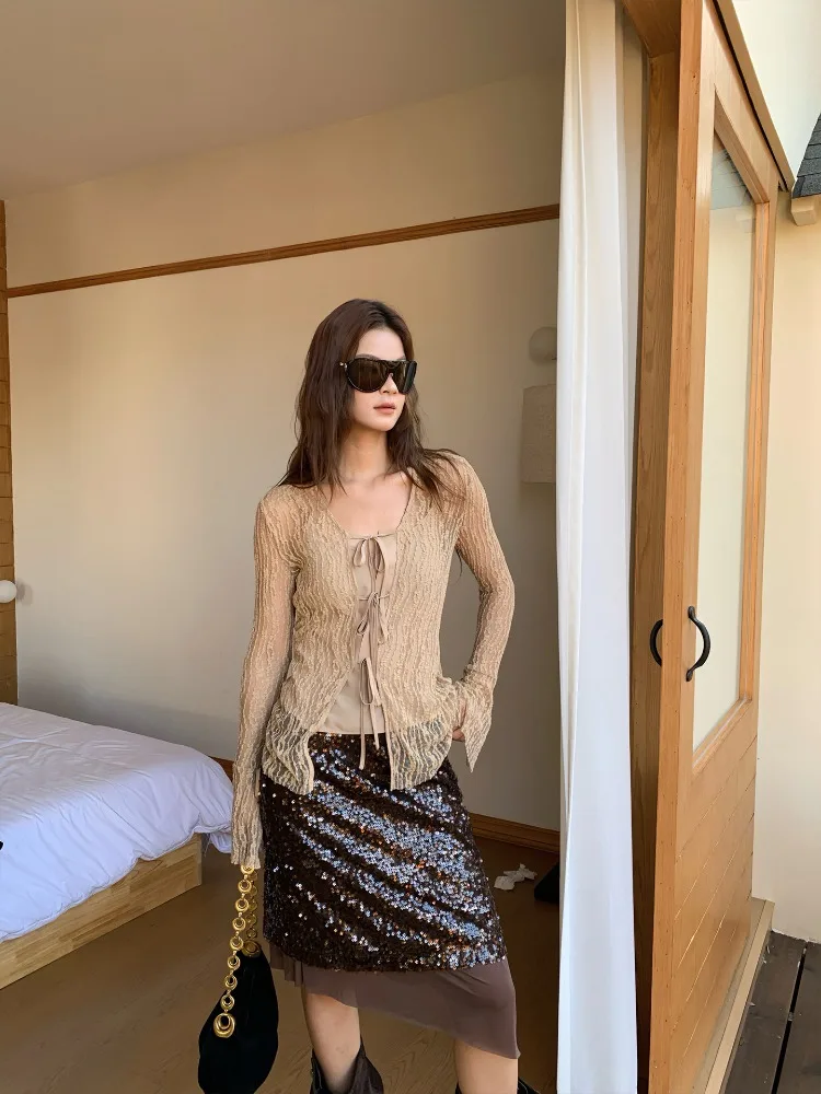 【MAR】Women's Autumn/Winter New Retro Lace Spliced Sequin Skirt High Waist Slim A-line Hip Wrap Mini Skirt