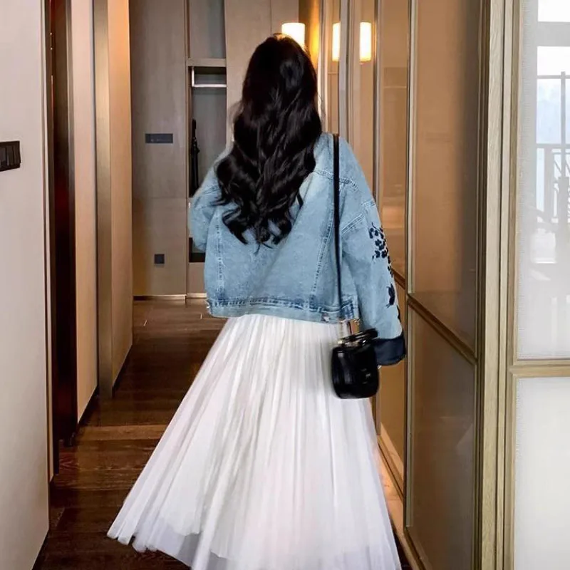 Chic Denim Jacket Women's Outwear 2026 Spring Autumn New Chinese Loose Embroidered Plus Size 3XL Jeans Short Coat Tops - Image 2