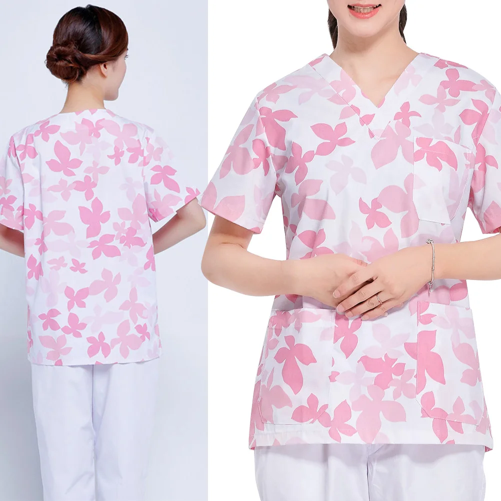 

Short Sleeve Working Clothes Nursing Uniform Hospital Clothes Pink Two Pieces Costume for Beautician Cotton Material
