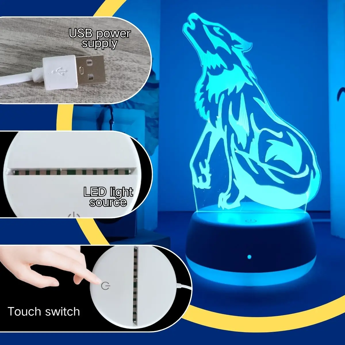 1pc modern creative wolf shaped 3D night light, USB powered touch switch with seven color conversion, a great gift.