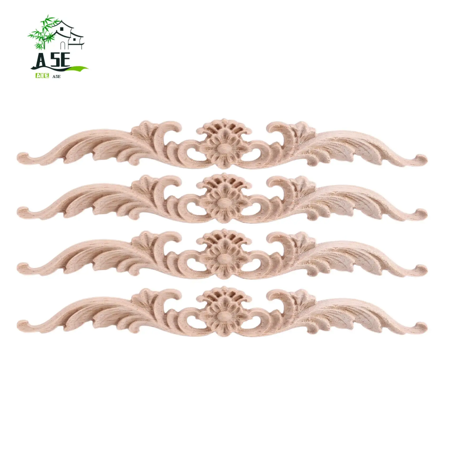 

A05E-4Pcs Wood Appliques And Onlays, Unpainted DIY Decorative Wood Carved Onlay Appliques For Bed Door Cabinet Wardrobe
