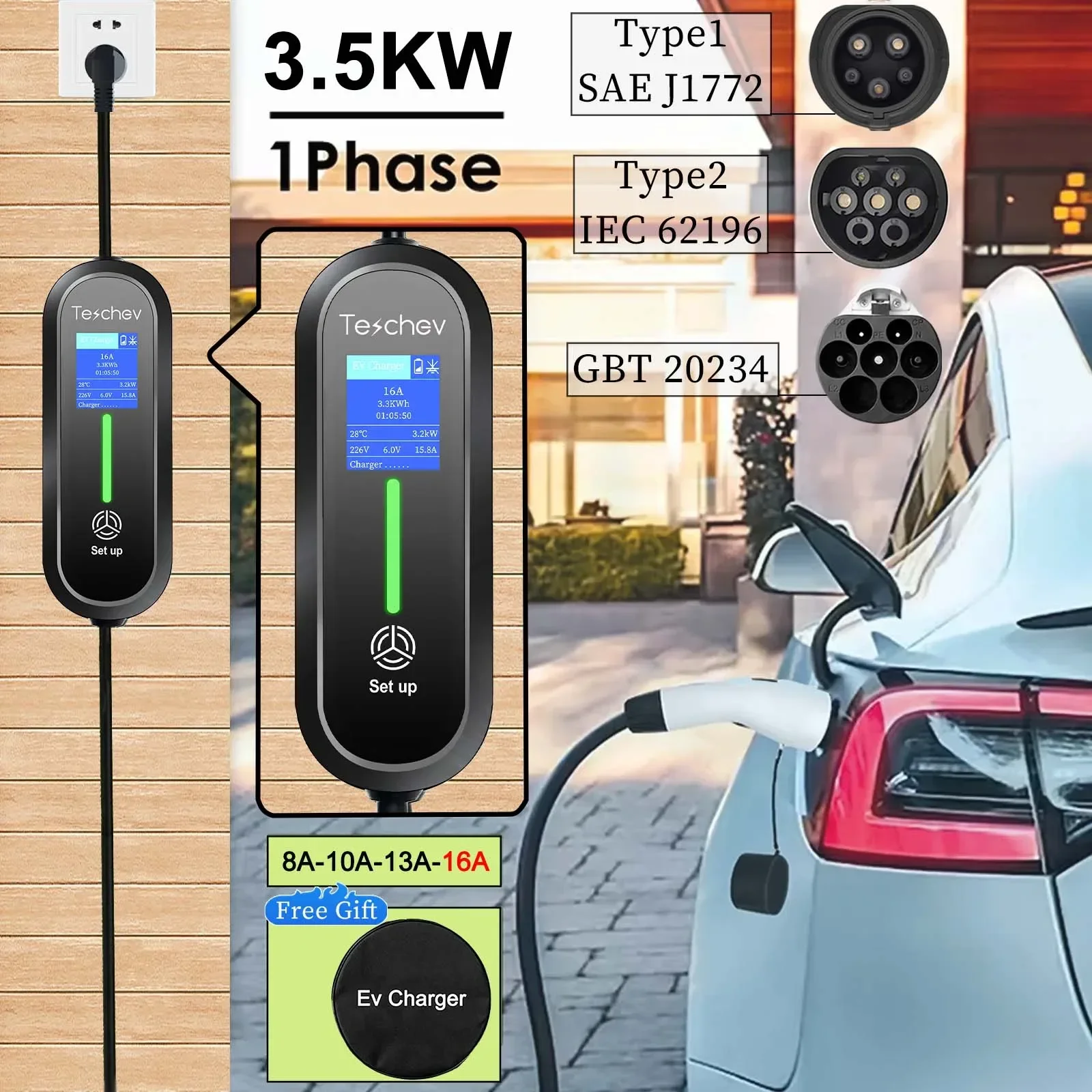 Teschev cargador portátil para coche eléctrico, caja de carga EVSE tipo 2, GBT, 3,5 kW, 16a EV, J1772, tipo 1