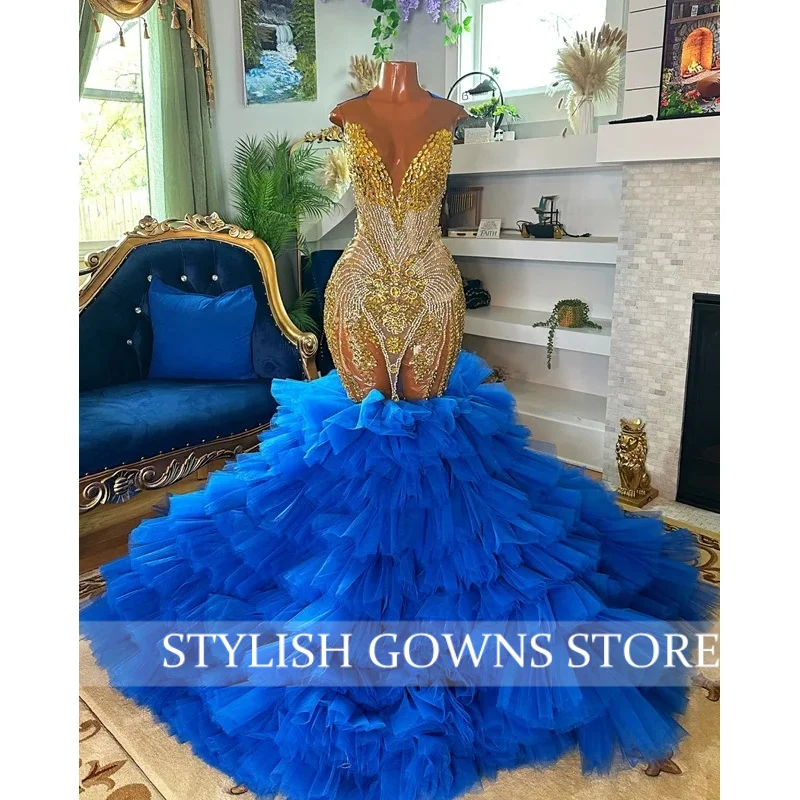 

Королевские синие платья русалки с золотыми стразами для выпускного вечера для свадебного вечера, черные девушки, роскошные платья на день рождения по индивидуальному заказу