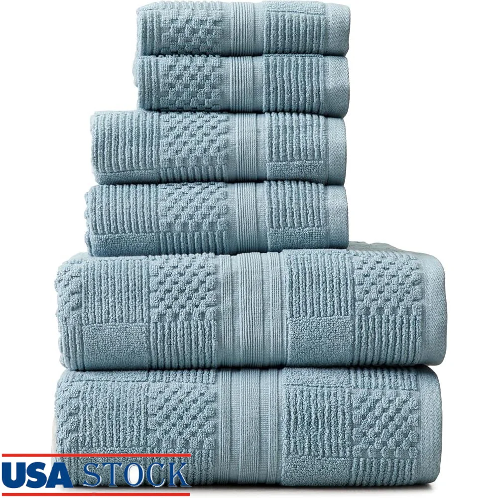 100 Cotton Towel Set 6 Piece Quick Dry Absorbent Bath Towels Hand Towels Washcloths Geometric Textured Design Eco Friendly