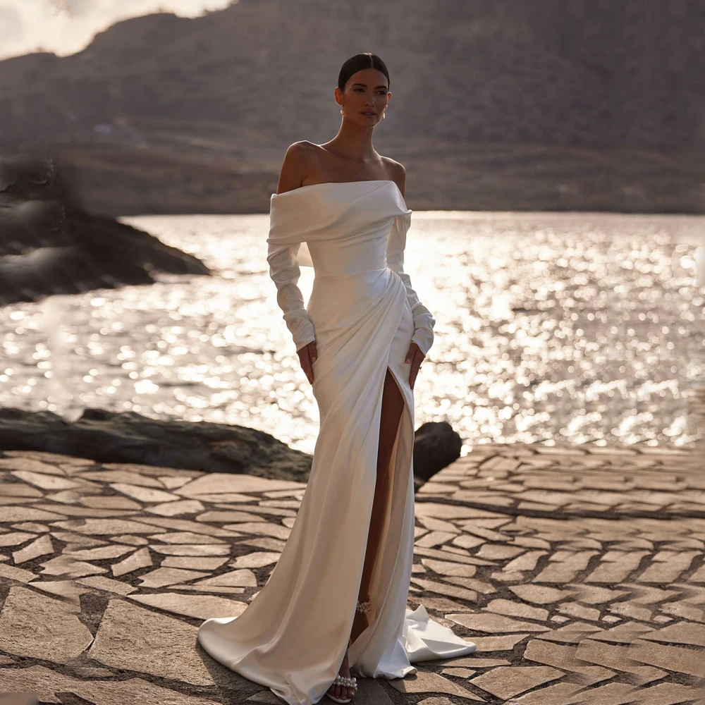 

Customized Beach Off Shoulder Wedding Dresses Strapless Mermaid Satin Bridal Gowns vestido de novia Plus size Customized 2025
