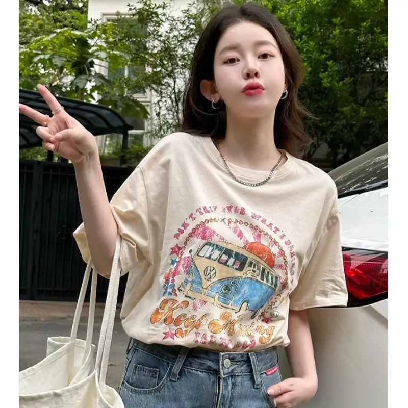 Loose large version casual summer half-sleeved Hong Kong style design sweet hottie printed right shoulder short-sleeved y2k tops