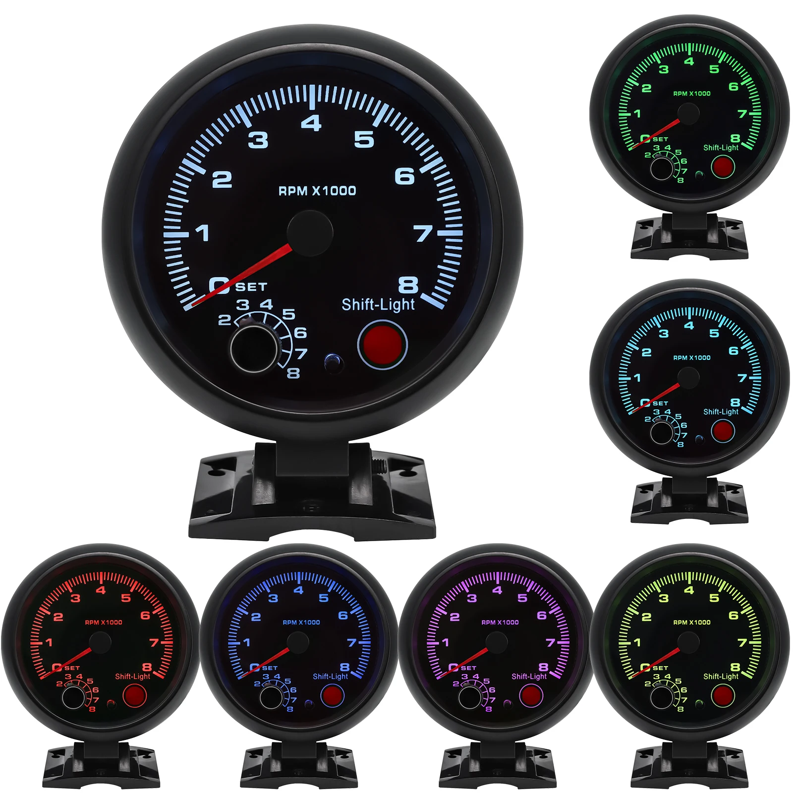 

7 Color LED 3.75" 95mm Tachometer with Shift Light Chorme Holder 0-8000RPM Tacho Gauge Meter for 4/6/8 Cylinder Petrol Car 12V