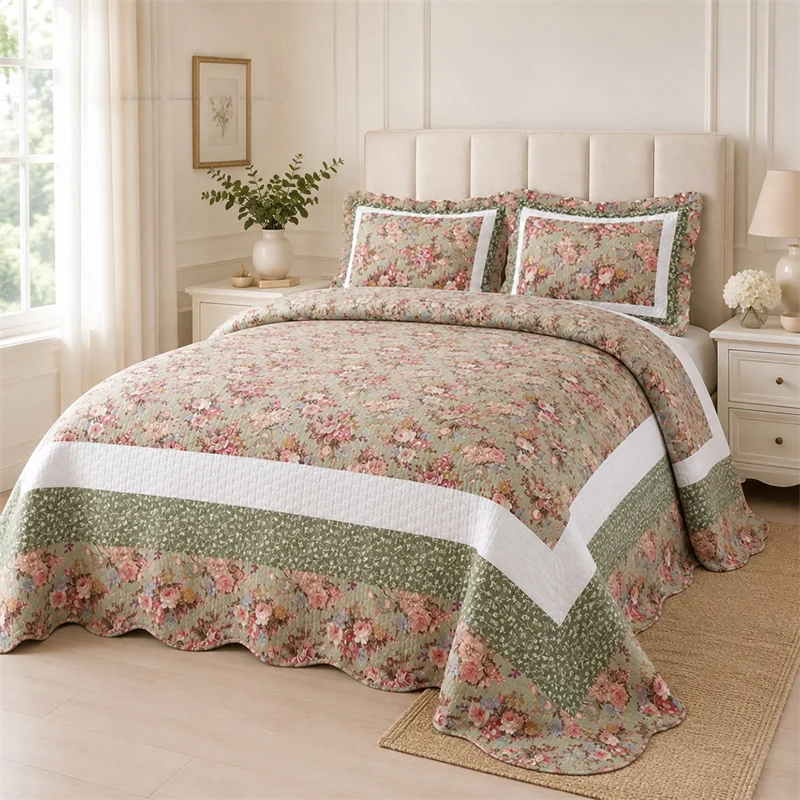 Vintage Floral Cotton Bedspread Set Quilted Bed Cover Twin Size Quilt Coverlet All Season Non-slip Sheet Blanket Mattress Topper
