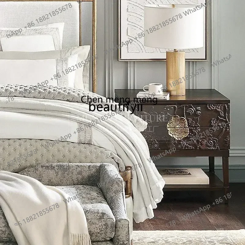 M182  French solid wood bedside table American bedroom carved bedside table retro style master bedroom storage storage cabin
