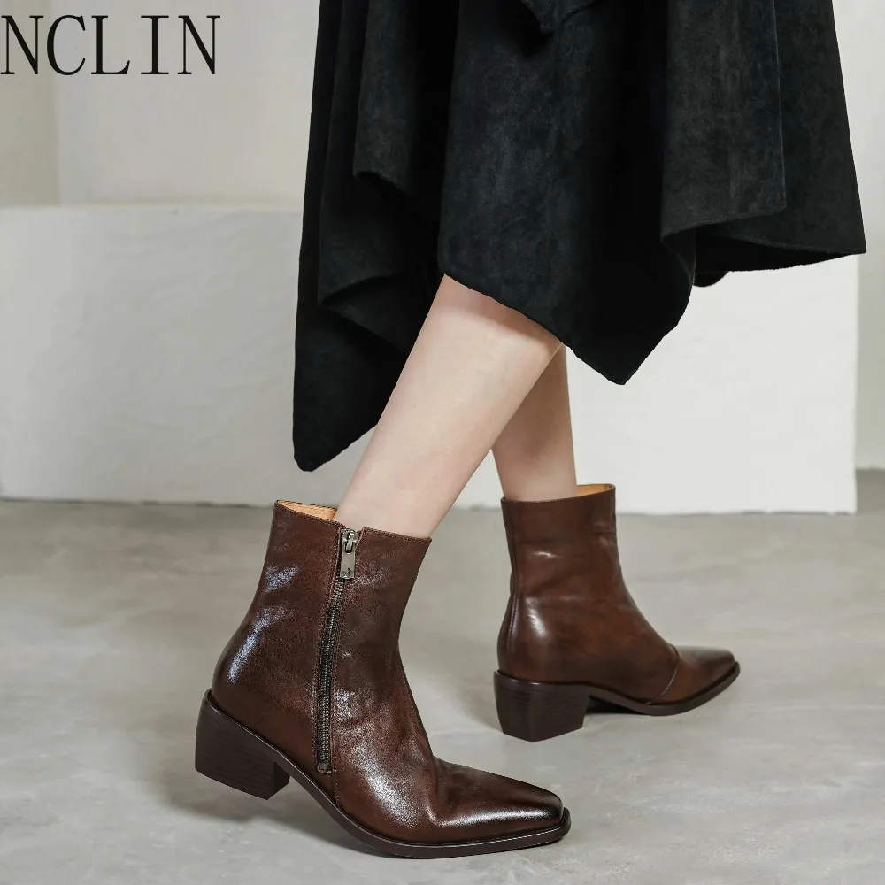 2026 Cow Skin Square Toe High Heels Zipper Motorcycle Boots Keep Warm Winter Shoes Retro Concise Superstar Ankle Boots